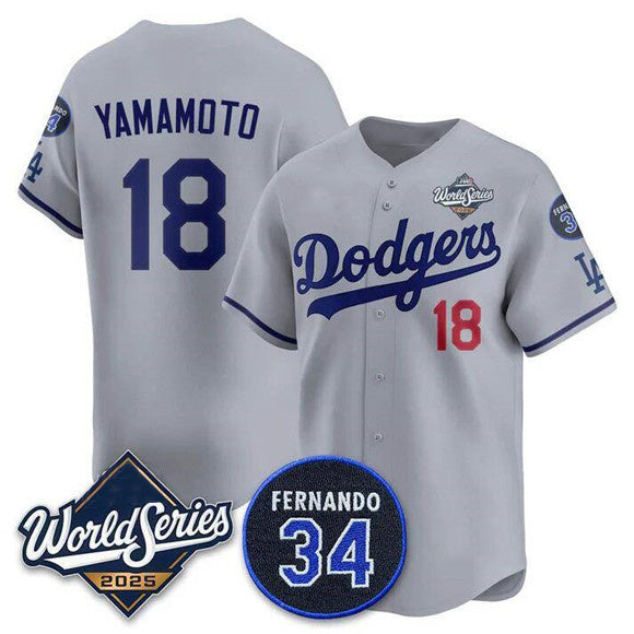 Los Angeles Dodgers #18 Yoshinobu Yamamoto Gray CONTON 2025 World Series With No. 34 Patch Limited Stitched Jersey