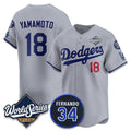 Los Angeles Dodgers #18 Yoshinobu Yamamoto Gray CONTON 2025 World Series With No. 34 Patch Limited Stitched Jersey