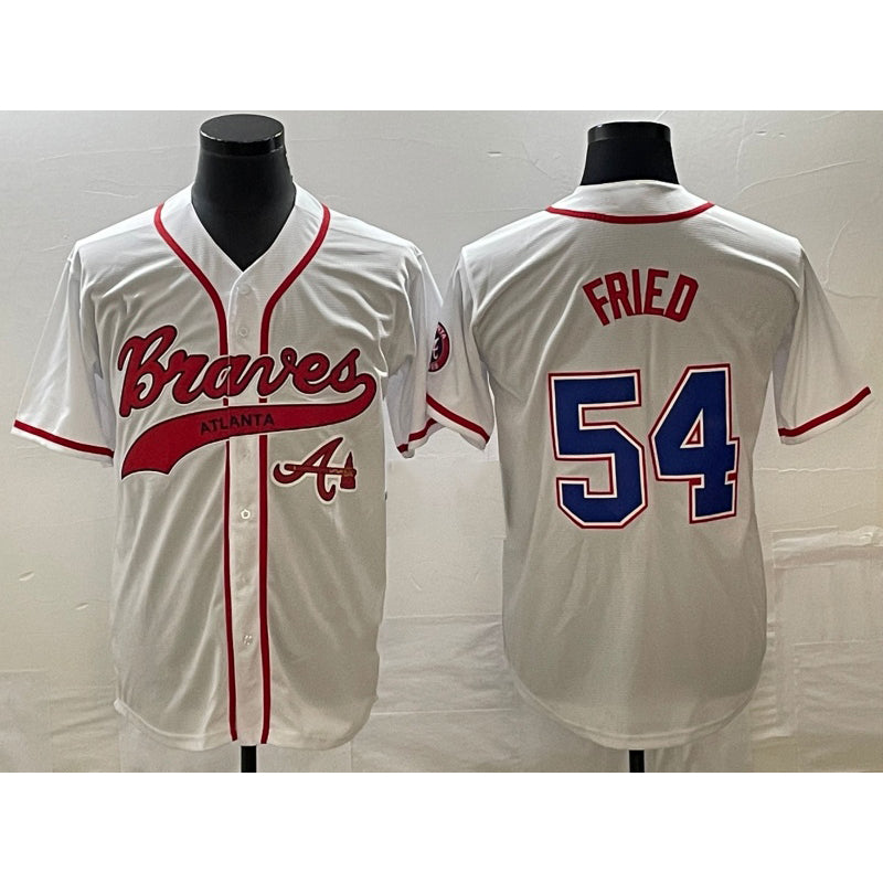 Atlanta Braves #54 Max Fried White CONTON Cool Base With Patch Stitched Jersey 2