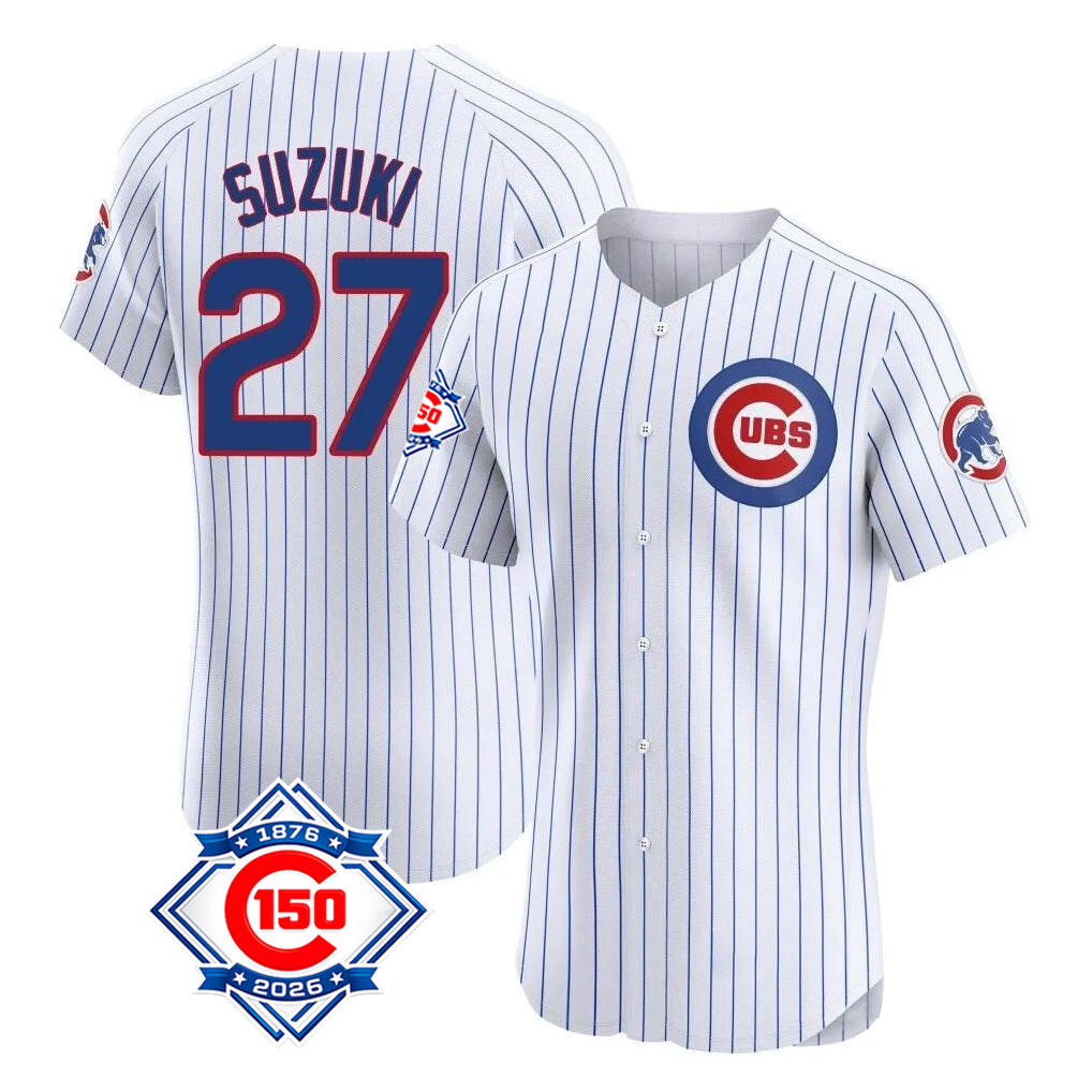 Chicago Cubs #27 Seiya Suzuki Player White CONTON 150th Anniversary Limited Elite Home Game Stitched Jerseys