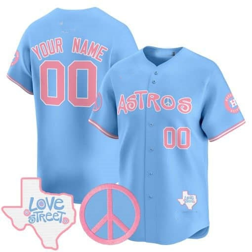 Custom Houston Astros Love Street & Peace Sign Patch Bubblegum Pink Vapor Premier Limited Jersey ¨C All Stitched Blue CONTON
