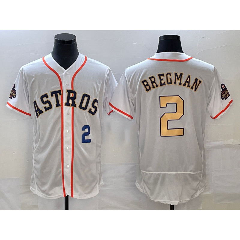Houston Astros #2 Alex Bregman Number 2023 White Gold CONTON World Serise Champions Patch Flex Base Stitched Jersey 3