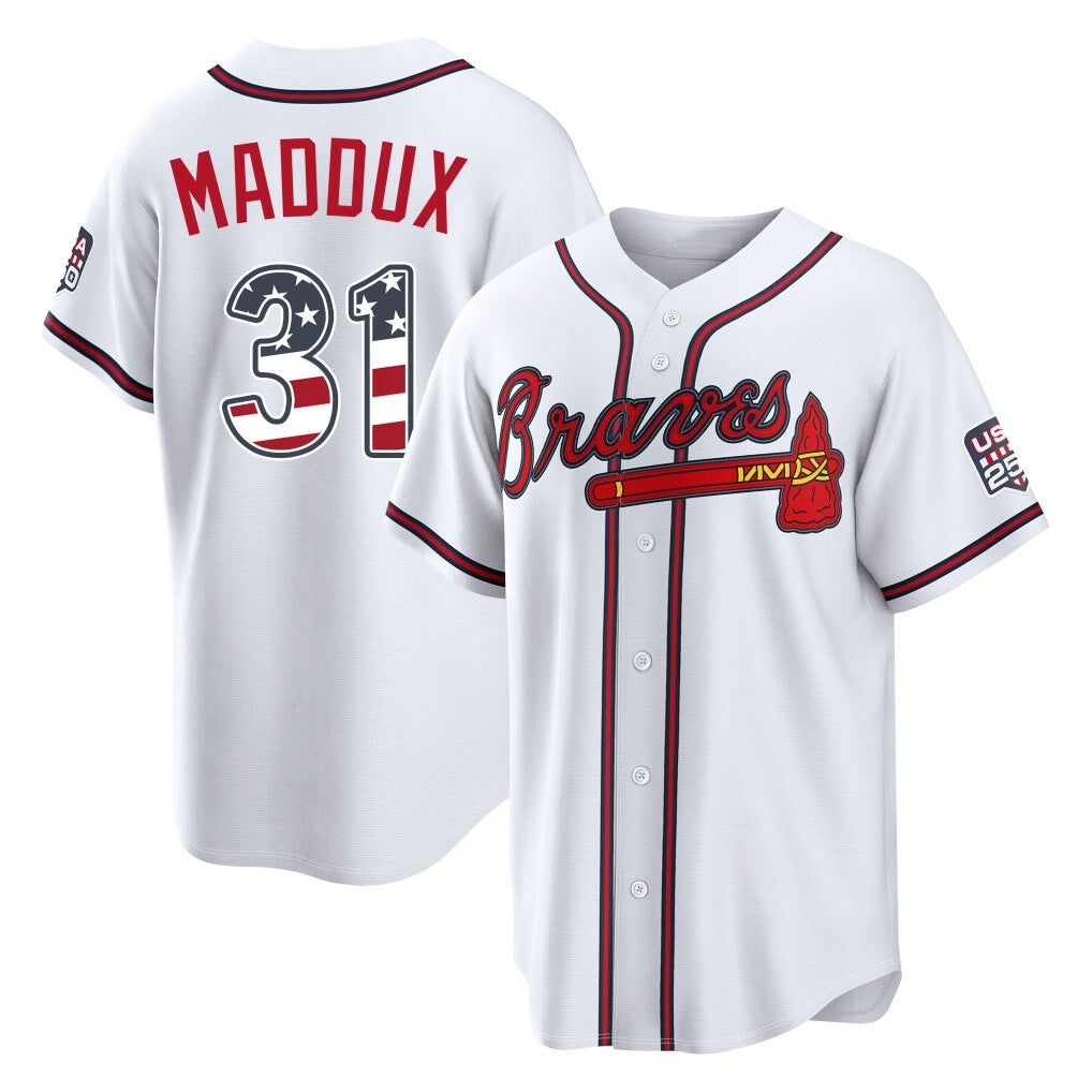 Atlanta Braves #31 Greg Maddux Player White CONTON USA 250 Fourth Of July Limited Home Game Stitched Jerseys