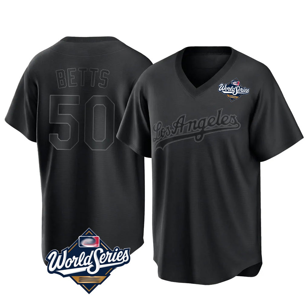 Los Angeles Dodgers #50 Mookie Betts Player Black CONTON World Series Pitch Fashion T-shirt Stitched Jerseys