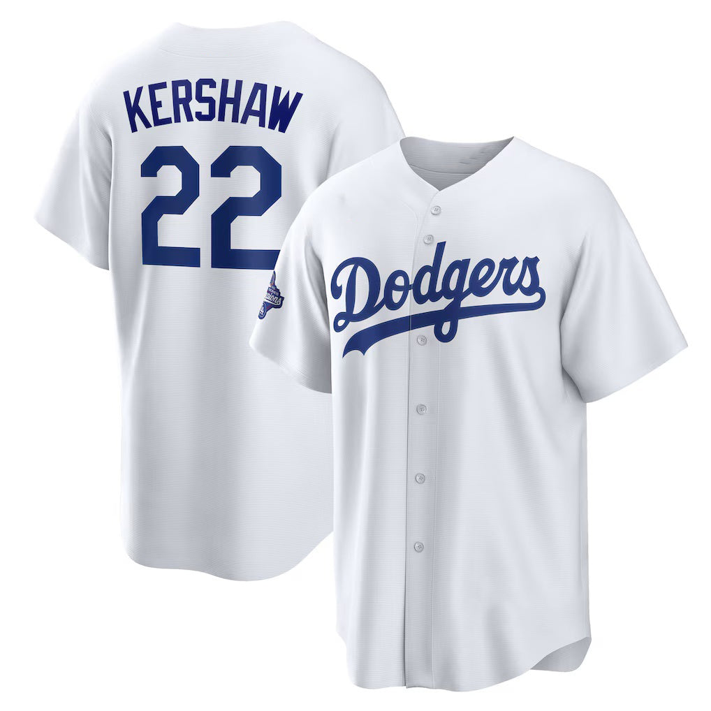 Los Angeles Dodgers #22 Clayton Kershaw White CONTON Home 2025 World Series Champions Replica Jersey