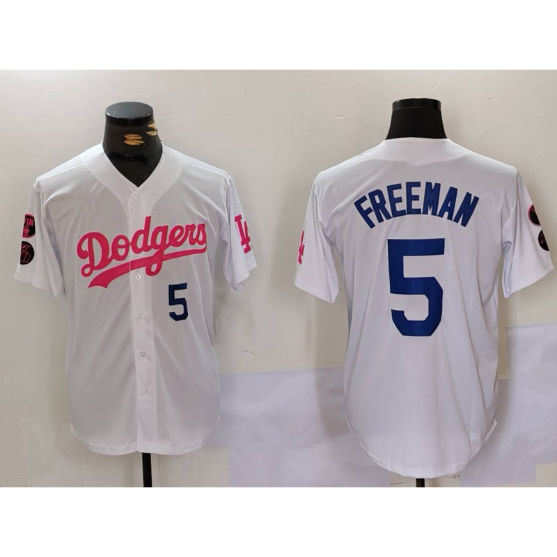 Los Angeles Dodgers #5 Freddie Freeman White Pink CONTON Vin & Kobe Patch Stitched Jersey1