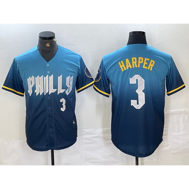 Philadelphia Phillies #3 Bryce Harper Number Blue CONTON 2024 City Connect Limited Stitched Jersey