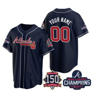 Custom Atlanta Braves Navy CONTON Active Player 2021 World Series Chimpions With 150th Anniversary Cool Base Stitched Jersey