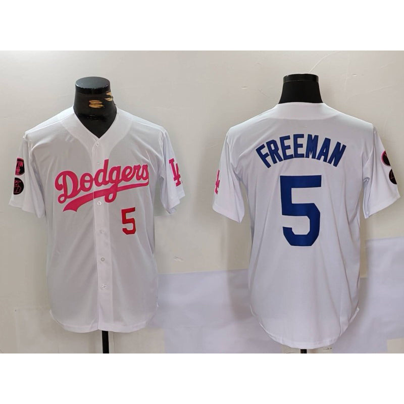 Los Angeles Dodgers #5 Freddie Freeman White Pink CONTON Vin & Kobe Patch Stitched Jerseys