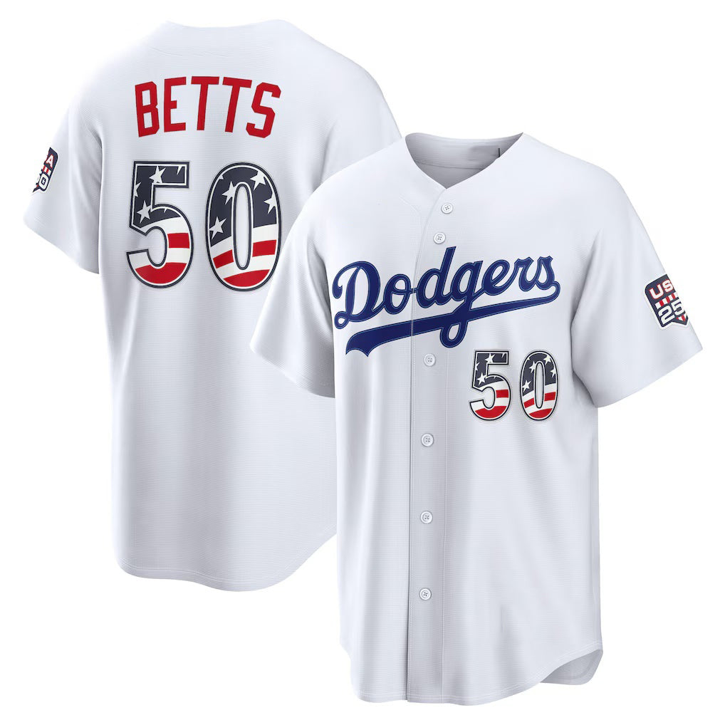 Los Angeles Dodgers #50 Mookie Betts White CONTON USA 250 Fourth of July Home Stadium Jersey
