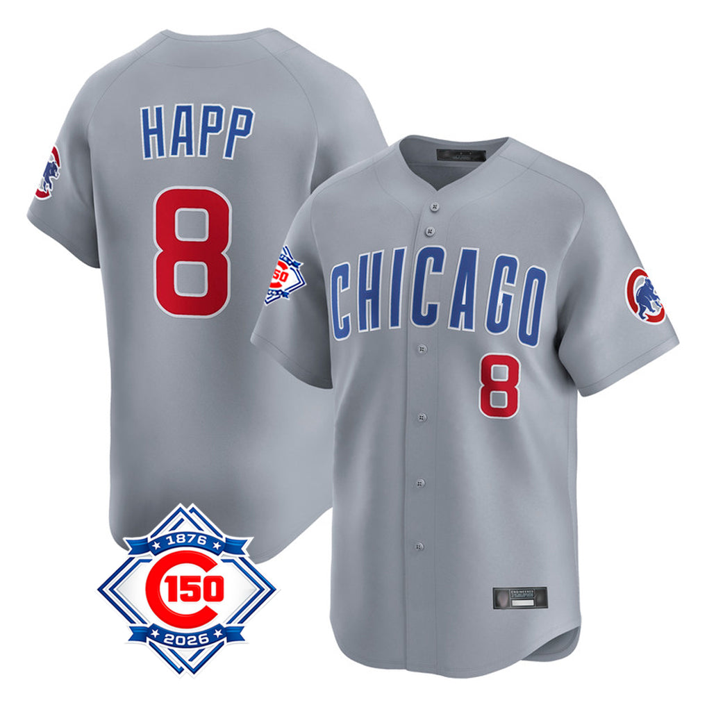 Chicago Cubs #8 Ian Happ Player Gray CONTON Road 150th Anniversary Limited Home Stitched Jerseys