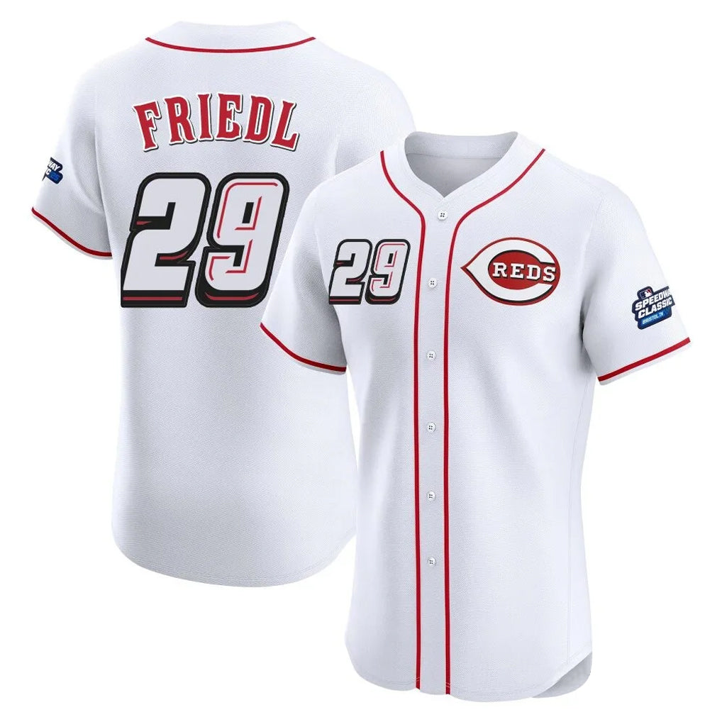 Cincinnati Reds #29 TJ Friedl Player White CONTON Speedway Classic Limited Elite Home Stitched Jerseys