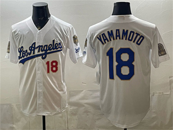 Los Angeles Dodgers #18 Yoshinobu Yamamoto White CONTON 2026 Gold Collection 9x & B2B Champs Patch Stitched Jersey