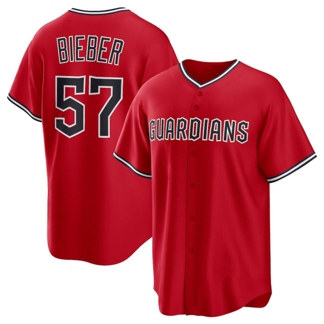 Cleveland Guardians #57 Shane Bieber Red CONTON Cool Base Stitched Jersey