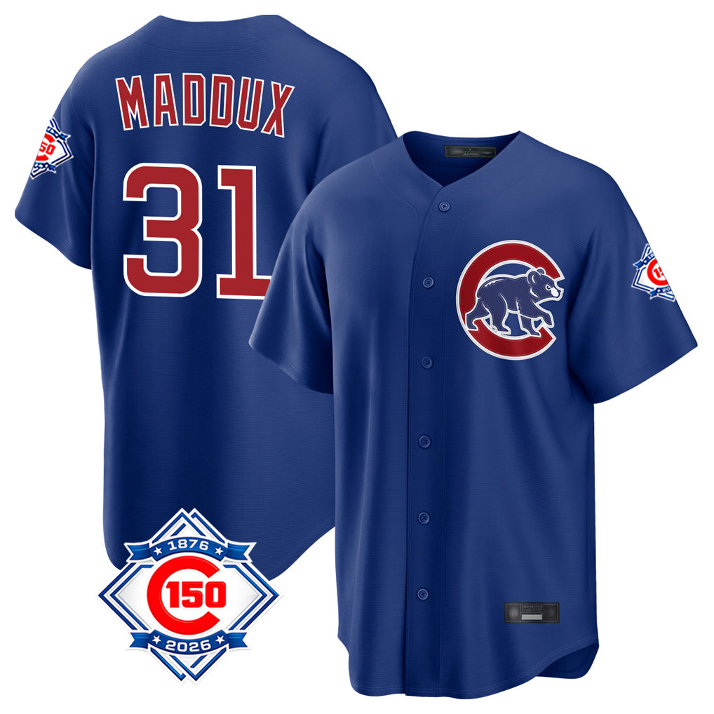 Chicago Cubs #31 Greg Maddux Player Royal CONTON 150th Anniversary Home Game Stitched Jerseys