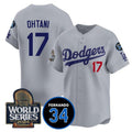 Los Angeles Dodgers #17 Shohei Ohtani Grey CONTON 2024 World Series With Fernando Memorial Patch Limited Stitched Jersey
