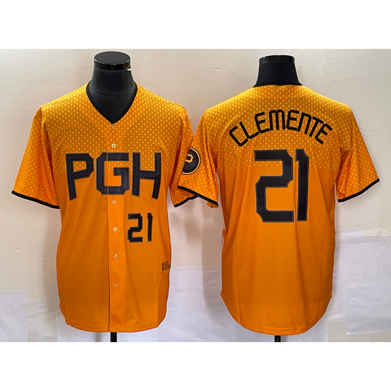 Pittsburgh Pirates #21 Roberto Clemente Number Gold CONTON 2023 City Connect Stitched Jersey 2