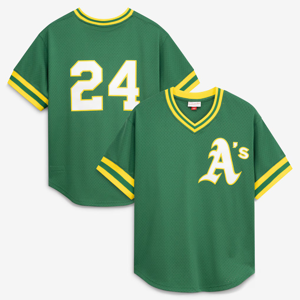 Oakland Athletics #24 Rickey Henderson Mitchell & Ness Green CONTON Authentic Batting Practice Jersey 2