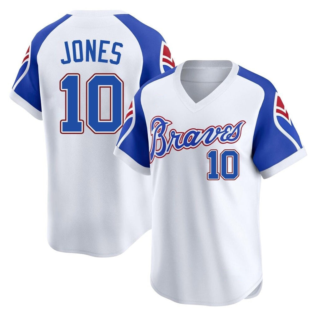 Atlanta Braves #10 Chipper Jones Player White CONTON Throwback Cooperstown Collection T-shirt Game Stitched Jerseys