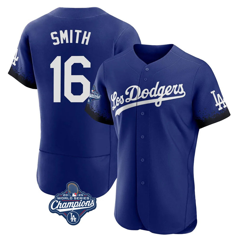 Los Angeles Dodgers #16 Will Smith Player Royal CONTON World Series Meet City Connect Elite Home Stitched Jerseys