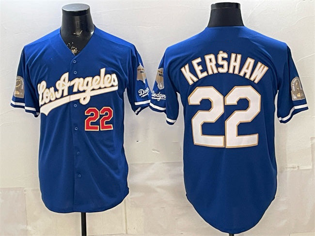 Los Angeles Dodgers #22 Clayton Kershaw Royal CONTON 2026 Gold Collection 9x & B2B Champs Patch Stitched Jersey