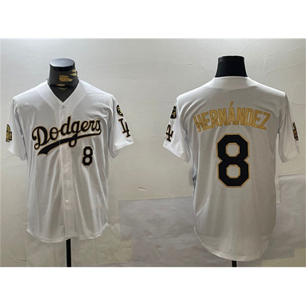 Los Angeles Dodgers #8 Enrique Hernandez White CONTON Gold 2024 World Series With Fernando Memorial Patch Home Limited Stitched Jersey