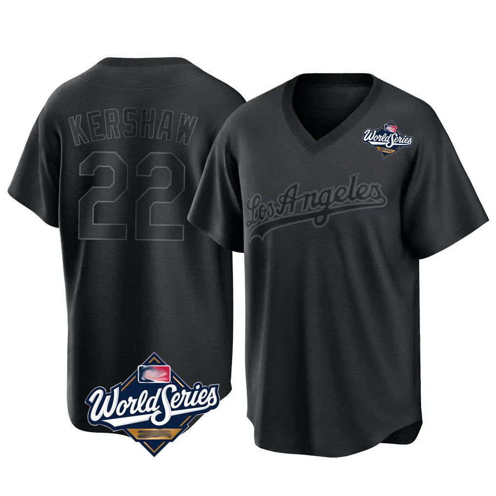 Los Angeles Dodgers #22 Clayton Kershaw Player Black CONTON World Series Pitch Fashion T-shirt Stitched Jerseys