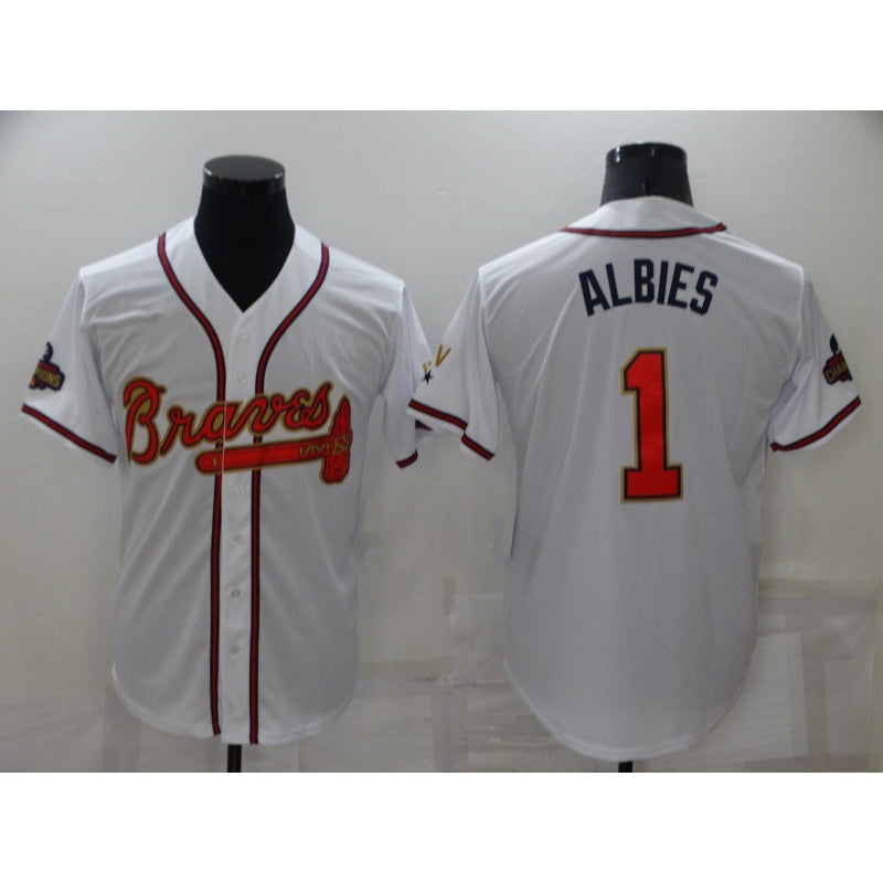 Atlanta Braves #1 Ozzie Albies 2022 White Gold CONTON World Series Champions Program Cool Base Stitched Jersey