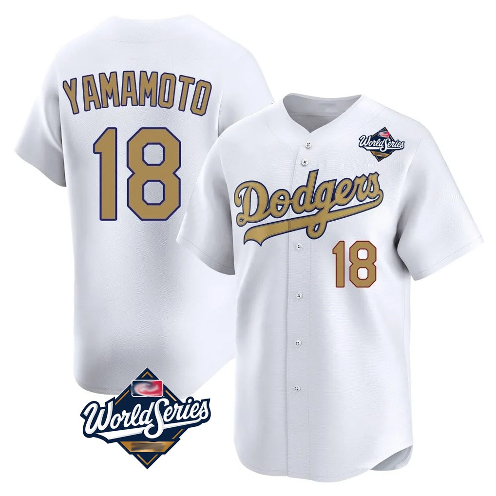 Los Angeles Dodgers #18 Yoshinobu Yamamoto Player White Gold CONTON World Series Collection Limited Home Stitched Jerseys