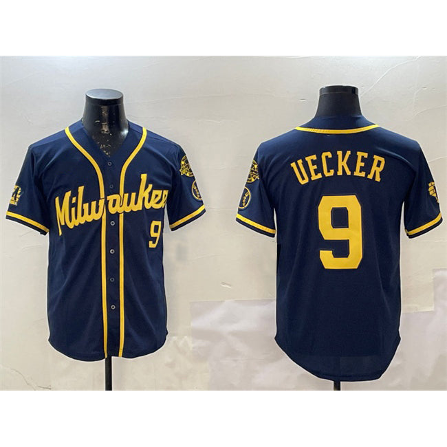 Milwaukee Brewers #9 Bob Uecker Navy CONTON With Home Patch Limited Stitched Jersey