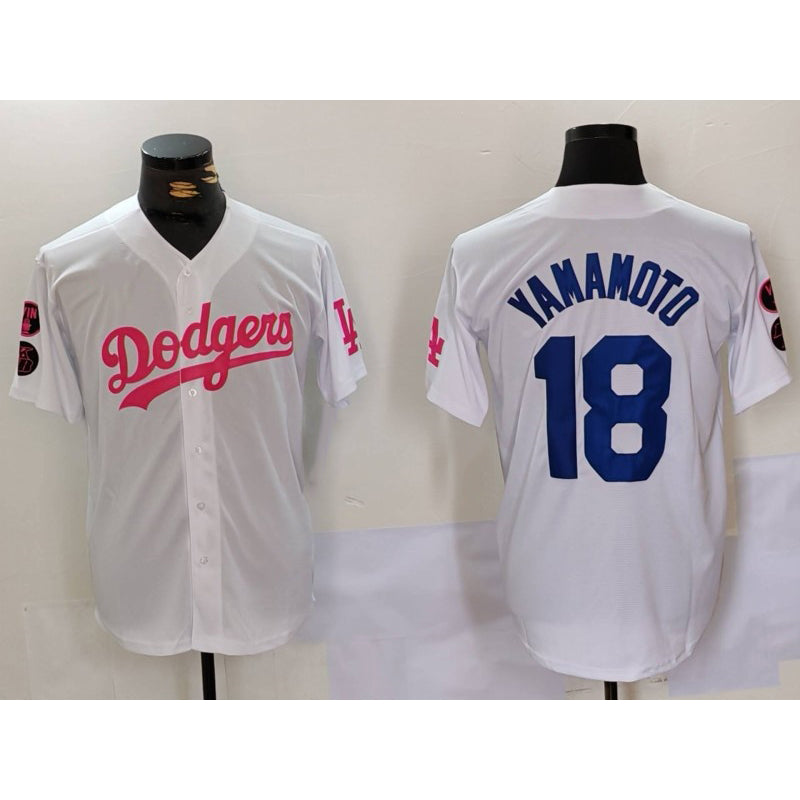 Los Angeles Dodgers #18 Yoshinobu Yamamoto White Pink CONTON Vin & Kobe Patch Stitched Jersey1