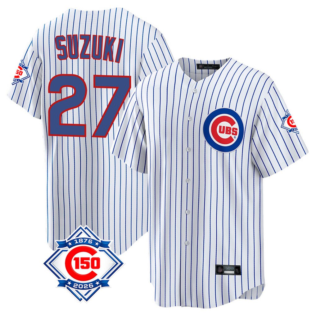 Chicago Cubs #27 Seiya Suzuki Player White CONTON 150th Anniversary Home Game Stitched Jerseys