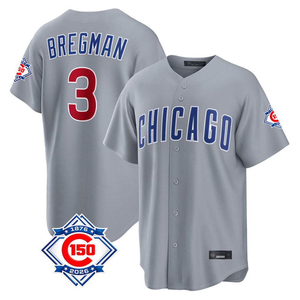 Chicago Cubs #3 Alex Bregman Player Gray CONTON 150th Anniversary Home Game Stitched Jerseys