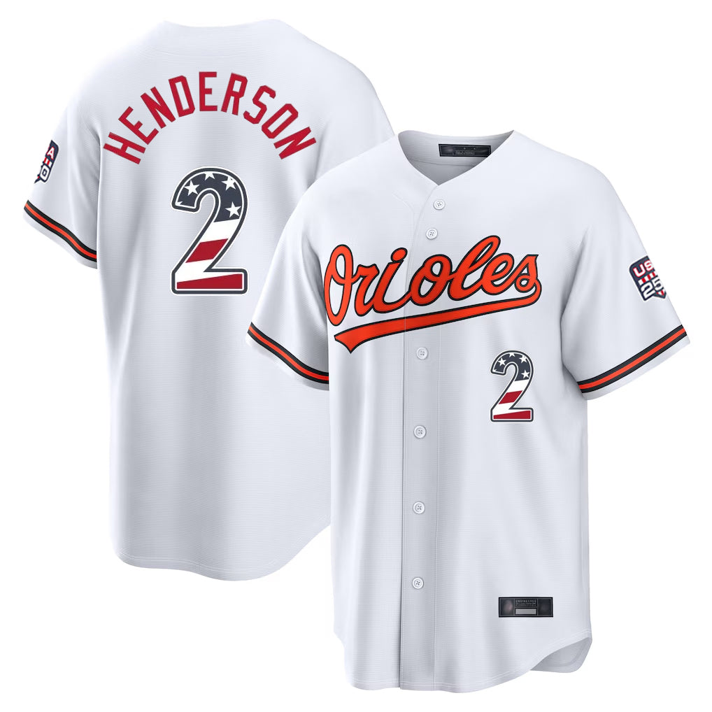 Baltimore Orioles #2 Gunnar Henderson Player White CONTON USA 250 Fourth of July Home Game Stitched Jerseys