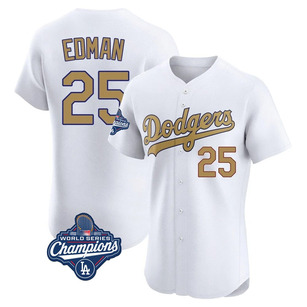 Los Angeles Dodgers #25 Tommy Edman Player White Gold CONTON World Series Meet Limited Elite Home Stitched Jerseys