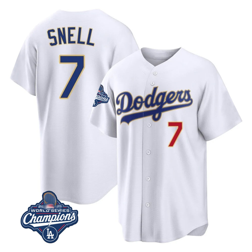 Los Angeles Dodgers #7 Blake Snell Player Gold White CONTON 2026 Collection Stadium Limited World Series Meet Stitched Jerseys