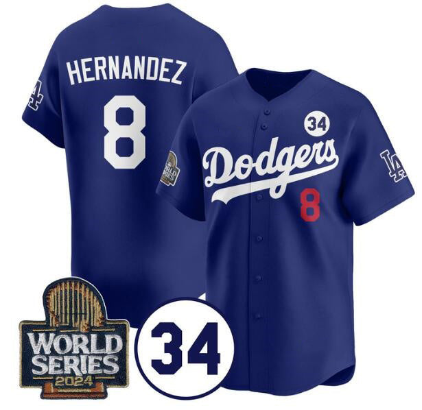 Los Angeles Dodgers #8 Enrique Hernandez Royal CONTON 2024 World Series With No. 34 Patch Limited Stitched Jersey