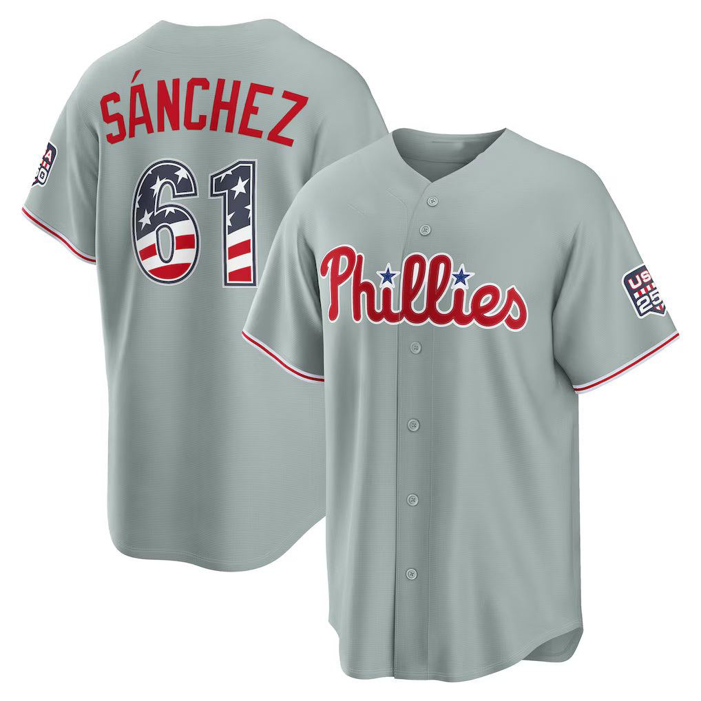 Philadelphia Phillies #61 Cristopher Sanchez USA 250 Fourth of July Road Stadium Jersey - Gray CONTON