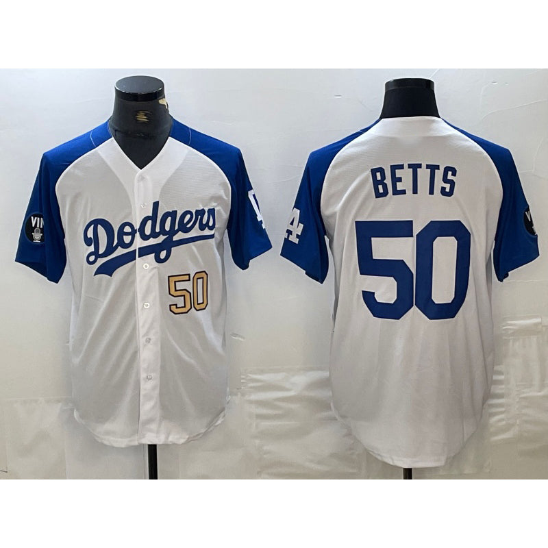 Los Angeles Dodgers #50 Mookie Betts Number White Blue CONTON Fashion Stitched Cool Base Limited Jersey 3