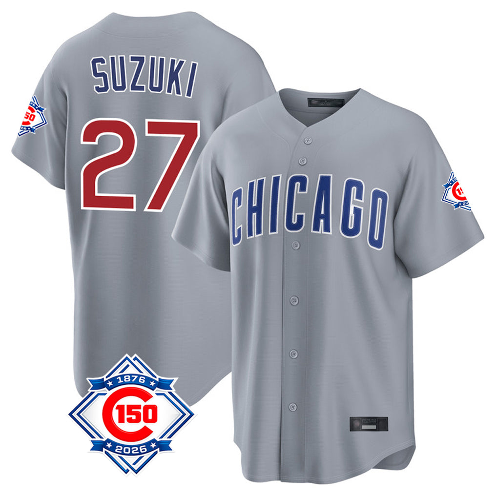 Chicago Cubs #27 Seiya Suzuki Player Gray CONTON 150th Anniversary Home Game Stitched Jerseys