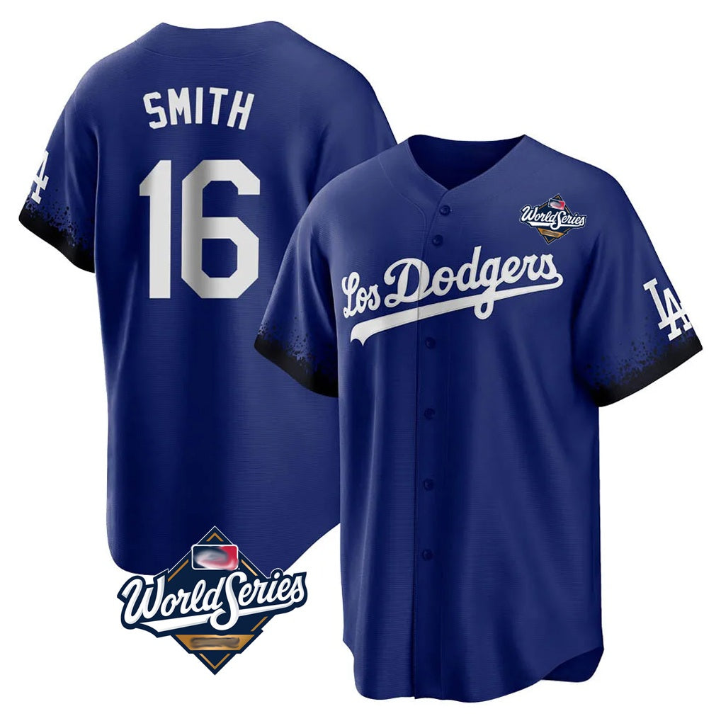 Los Angeles Dodgers #16 Will Smith Player Royal CONTON World Series City Connect Home Game Stitched Jerseys