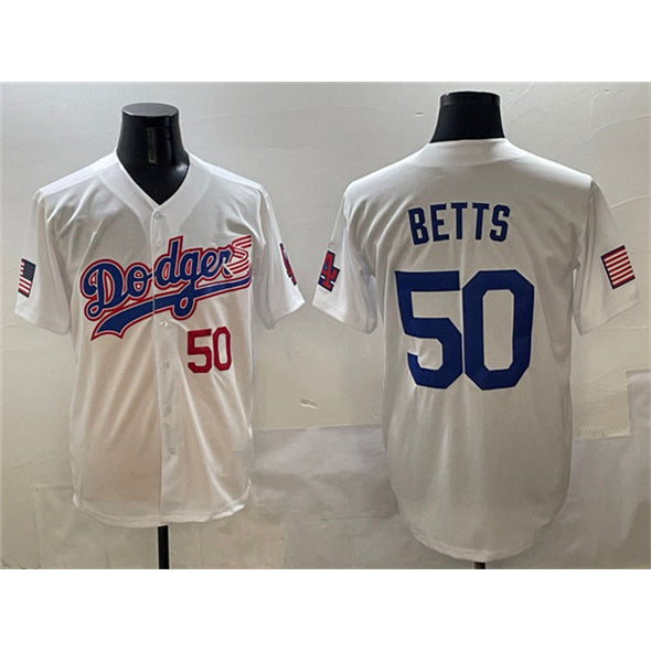 Los Angeles Dodgers #50 Mookie Betts White CONTON With American Flag Patch Limited Stitched Jersey