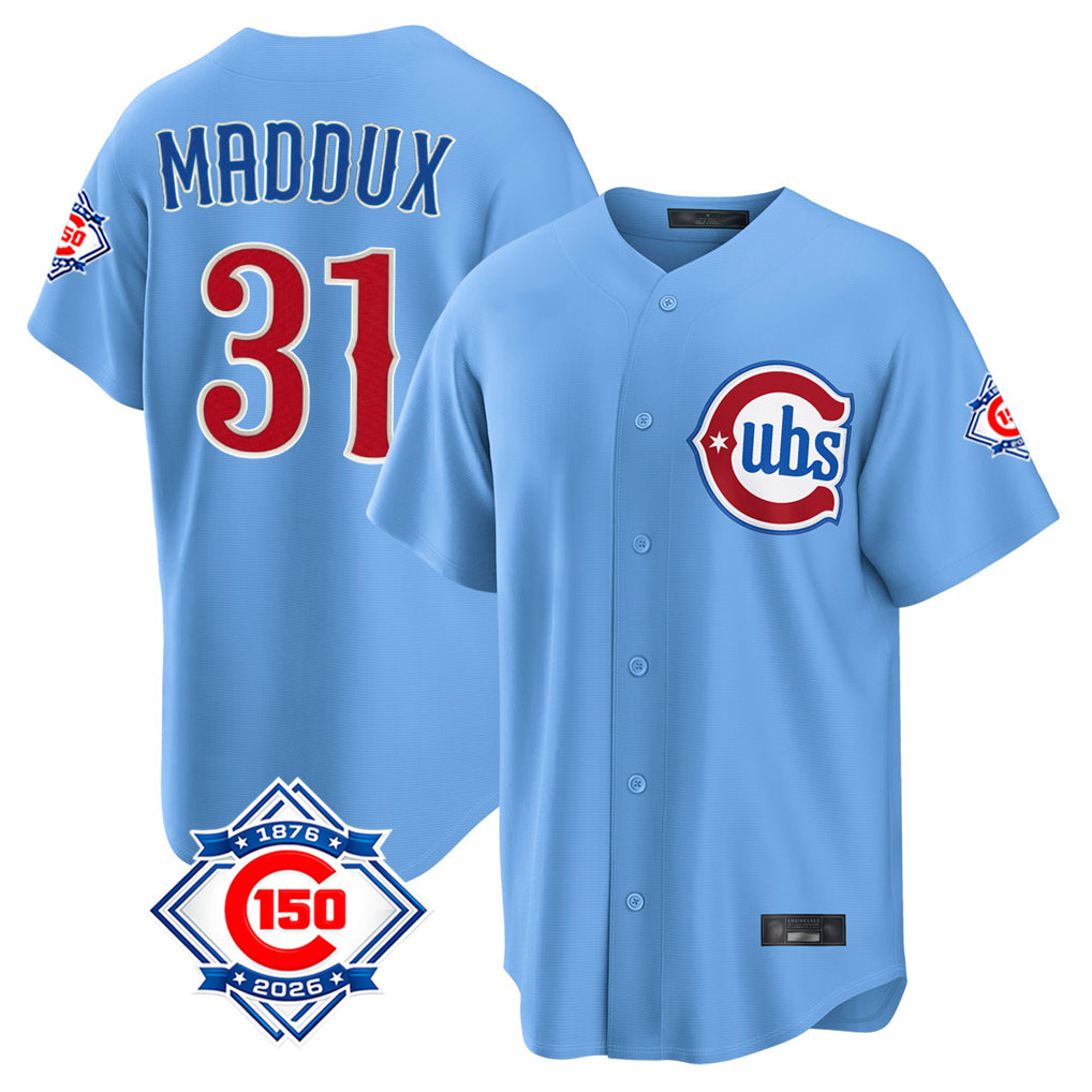 Chicago Cubs #31 Greg Maddux Player Light Blue CONTON 150th Anniversary Home Game Stitched Jerseys