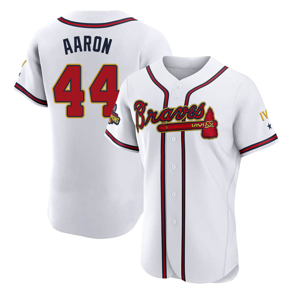 Atlanta Braves #44 Hank Aaron Player White Gold CONTON Limited Elite Home Game Stitched Jerseys