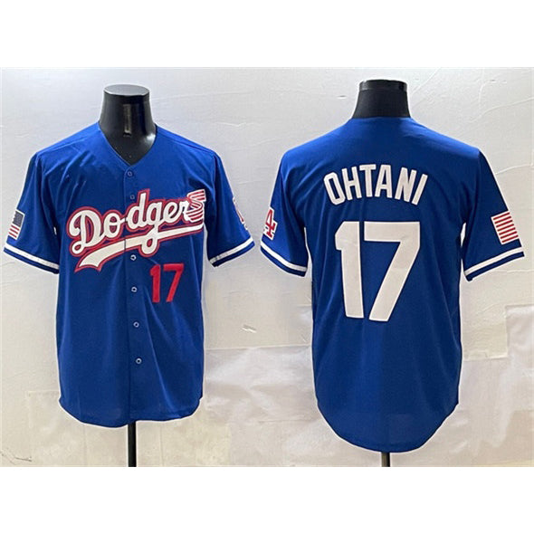 Los Angeles Dodgers #17 Shohei Ohtani Royal CONTON With American Flag Patch Limited Stitched Jersey