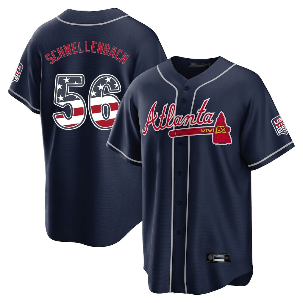 Atlanta Braves #56 Spencer Schwellenbach Player Navy CONTON USA 250 Fourth Of July Limited Home Game Stitched Jerseys