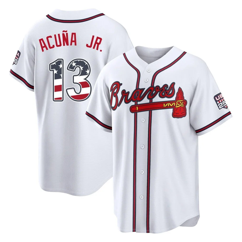Atlanta Braves #13 Ronald Acuna Jr Player White CONTON USA 250 Fourth Of July Limited Home Game Stitched Jerseys